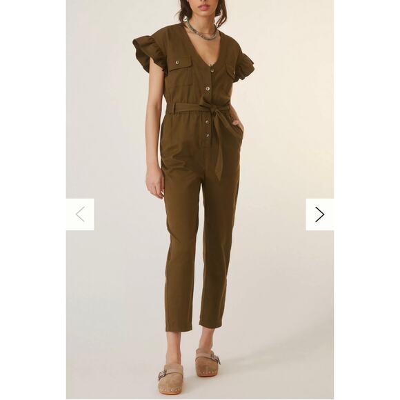 Anthropologie women’s Tapered Ruffle Jumpsuit Olive Green XS - Picture 1 of 5